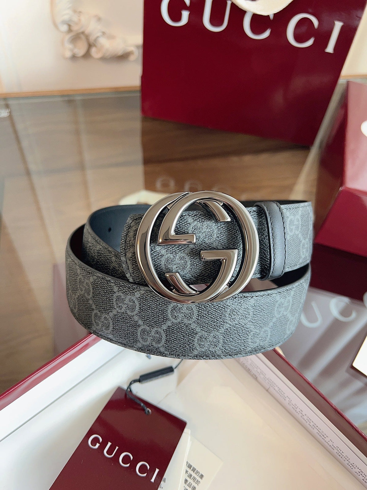 Gucci Supreme Belt Blunt Copper Buckle 40mm Slate Gray Leather Canvas