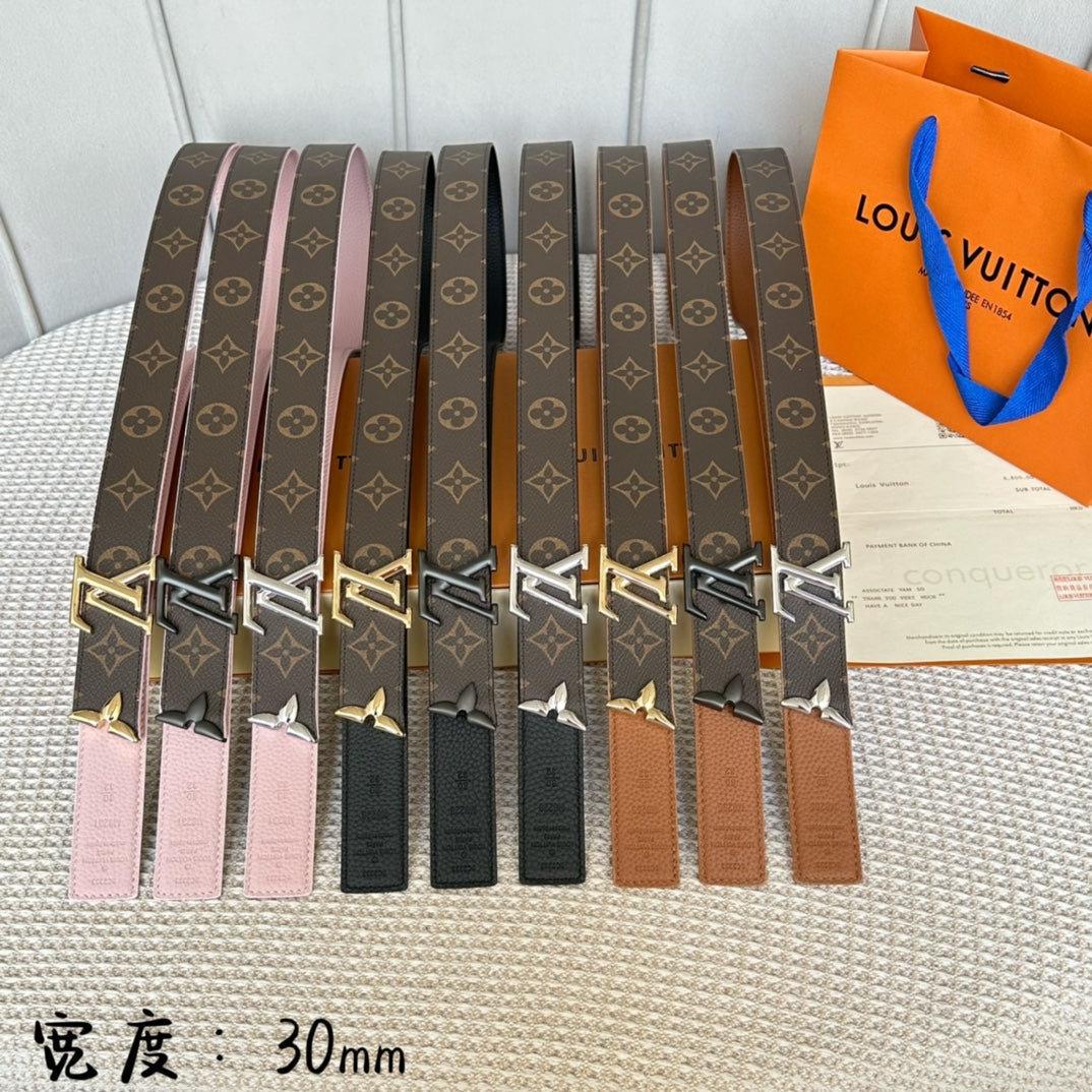 LOUIS VUITTON PRETTY LV 30MM REVERSIBLE BELT IN LIGHT PINK CALFSKIN GOLD HARDWARE